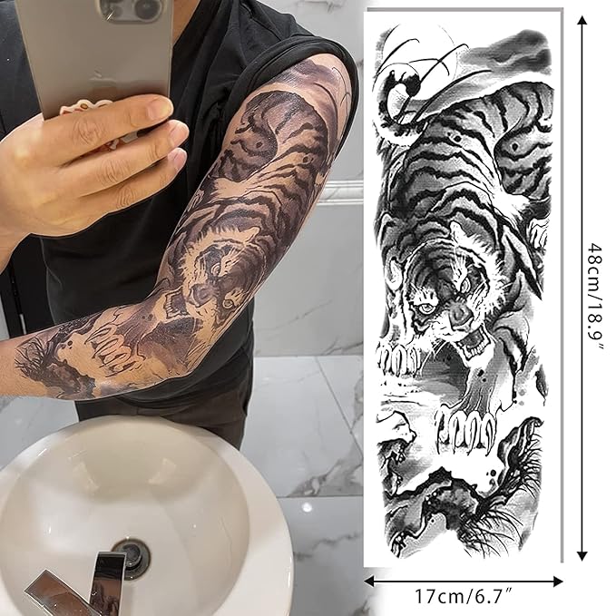 Aresvns Sleeve Tattoo Temporary, 12Pcs Halloween Full Arm Fake Tattoos for Adults, Large Totem Wolf Military Tempoary Tattoos for BBQ Pool Beach Party