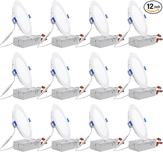 TORCHSTAR 12-Pack 6 Inch Ultra-Thin LED Recessed Lighting with J-Box, 3000K Warm White, 12W Dimmable 1000lm Brightness LED Downlight, ETL & Energy Star Listed
