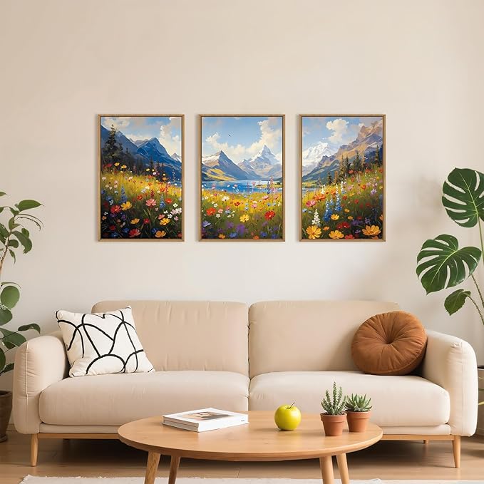 HOURIA Colorful Wildflower Mountain Framed Canvas Wall Art Set,Blue Sky Lake Green Tree Grass Wall Decor,Nature Flower Artwork,Field Scenery Art Prints for Living Room,Bedroom,Farmhouse-16 x24 x3
