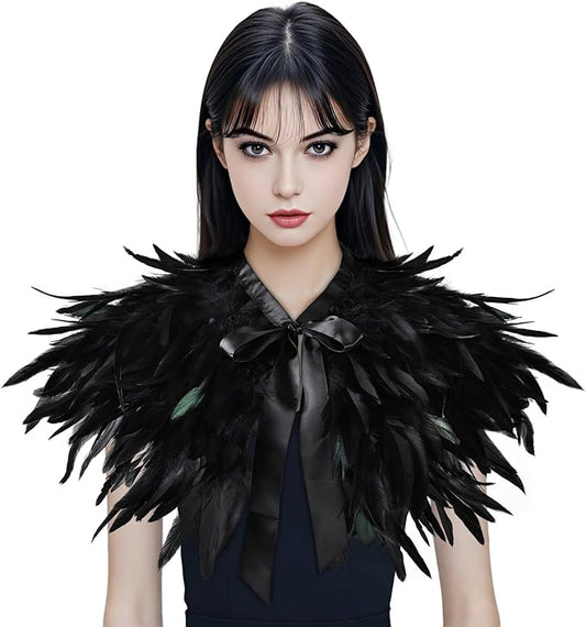 Gothic Natural Feather Shrug Feather Shawl Wrap Cape Victorian Collar for Halloween Cosplay Party Costume Accessories