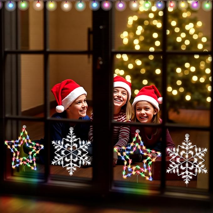 Christmas Window Silhouette LED Lights Decorations, Pack of 2 Sign Lighted snowflake and pentagram Christmas Window Lights with 50 Bulbs for Holiday Indoor Wall Door Glass Decor，Christmas window decor