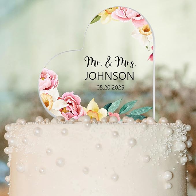 Custom Wedding Heart Acrylic Plaque,Mr & Mrs Cake Topper,Personalized Wedding Keepsake/Gift/Sign (Style 1)