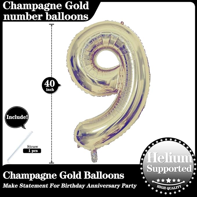Champagne Gold 9 Number Balloons, 40 Inch Giant Number 9 Balloons Foil Mylar Helium Light Gold Number Balloons for 9th Birthday Party Supplies Anniversary Event Celebration Decorations