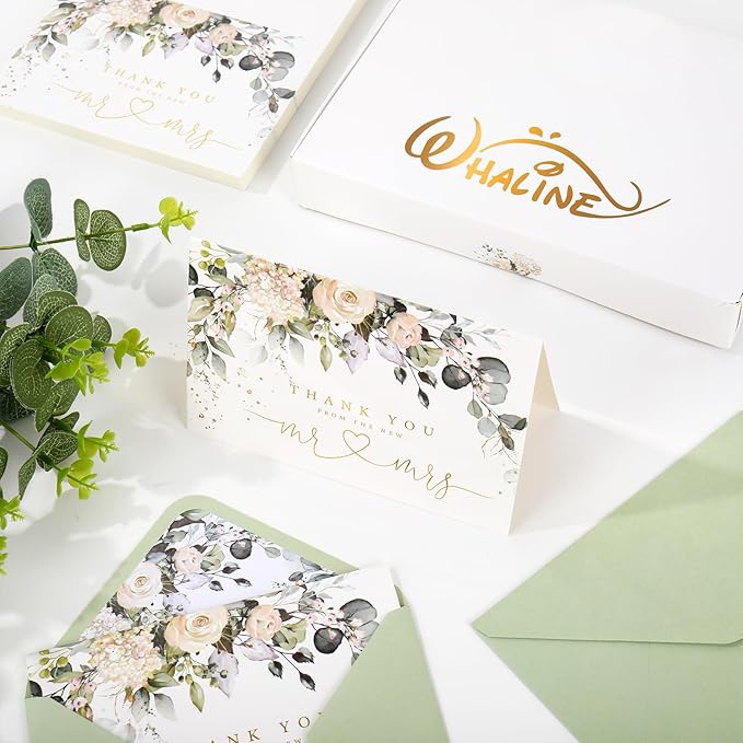 Whaline 50 Pack Floral Wedding Thank You Cards Flower with Eucalyptus Leaves Mr & Mrs Thank You Greeting Note Cards Boxed with Envelope Sticker for Bridal Shower