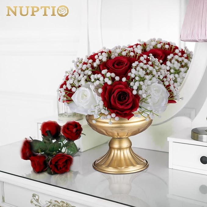 NUPTIO Babys Breath Artificial Flowers: 10 Pcs 8.6 inch Diameter Crimson Rose Ball Fake Arrangement Bouquet for Wedding Centerpiece Event Party Tables Decorations