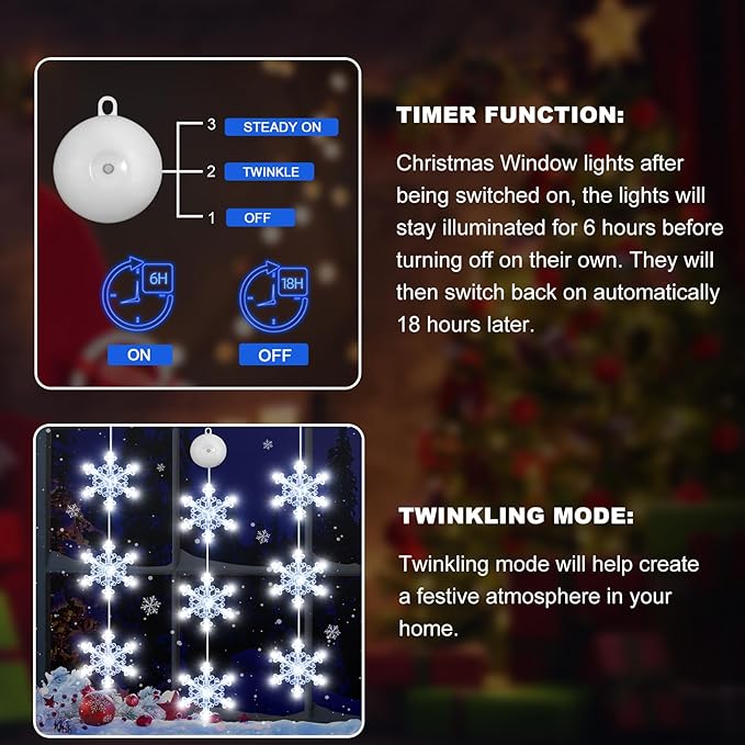 3Pcs Christmas Window Lights Decorations with Timer, Battery Powered Christmas Window Hanging White Lighted Snowflake Shaped LED Sucker String Lamp for Xmas Tree Fireplace Window Indoor Decor