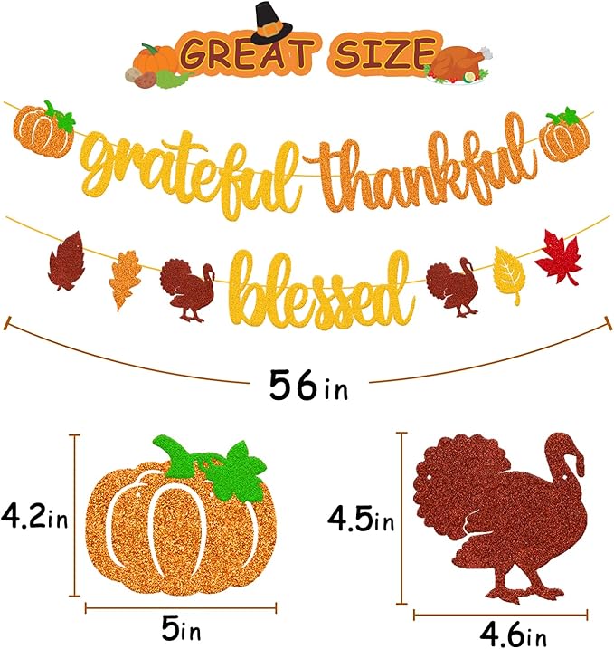 Grateful Thankful Blessed Banner Fall Autumn Leaves Turkey Thanksgiving Day Theme for Happy Thanksgiving Party Supplies Glitter Gold Decorations
