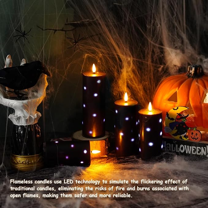 Flickering Flameless Candles with Remote Control and Timer Set of 5 Pc Real Wax LED Pillar Candles, Battery Operated Candles（D2.2×H5/5.5"/6"/7"/8"） Halloween Decorations Home Decor （Black）