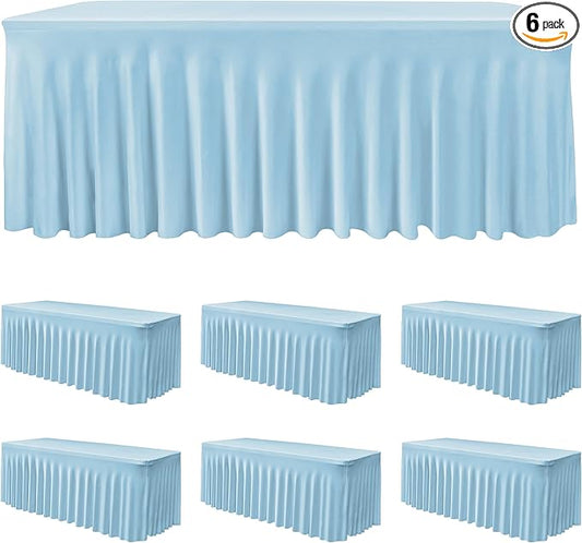 HolidayIdeas 6 Pack 6ft Spandex Table Covers for Baby Shower, Fitted Stretch Table Skirts 30x72 Inch, Wrinkle-Free Floor Length Tablecloths for Weddings, Banquets Events, Baby Blue