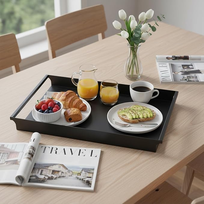 MyGift Decorative Serving Tray - Vintage Style Matte Black Metal Ottoman Coffee Table/Vanity Tray with Sleek Rounded Cutout Handles