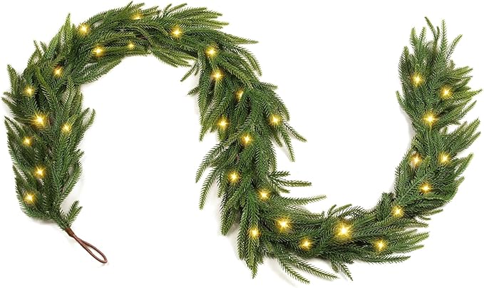 6FT Pre-lit Christmas Garland, Real Touch Lighted Norfolk Pine Garlands Battery Operated for Christmas Decorations with 35 LED RGB/WW String Lights, 8 Lighting Modes & Timer, 1 Pack