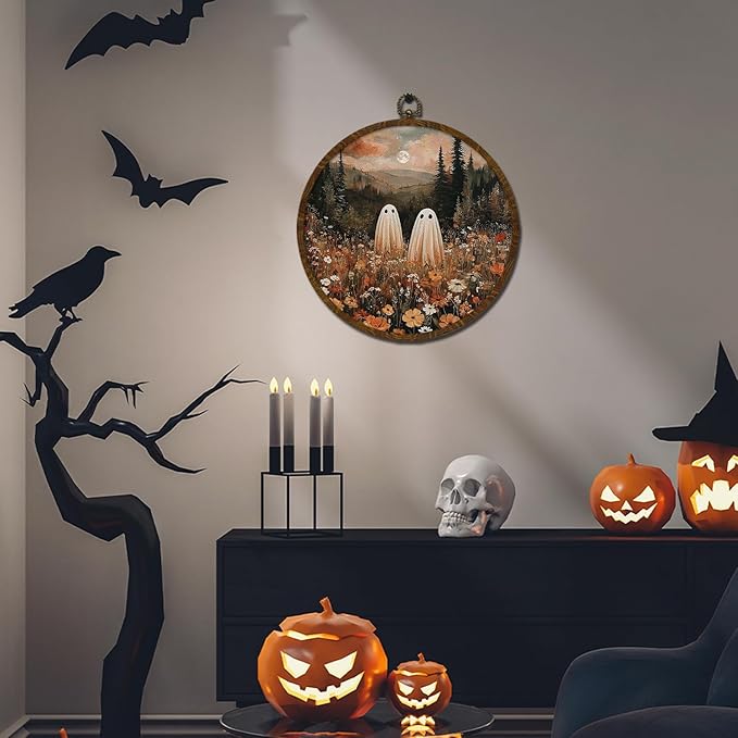 Funny Halloween Ghost Round Wall Art,Gothic Canvas Wall Hanging Decor, Spooky Farmhouse Vintage Round Wall Art for Bedroom Living Room Entryway, Rustic Ghost Gothic Wall Decor,Gift for Halloween 10x10Inch (Orange-Ghost02)