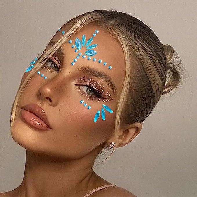 Mermaid Face Gems Stick Jewels Halloween Body Eye Face Jewels Gems Rave Festival Tattoo Glitter Self Adhesive Crystals Rhinestones Diamonds Tattoos Sticker Party Carnival Festival Decorations (Blue)