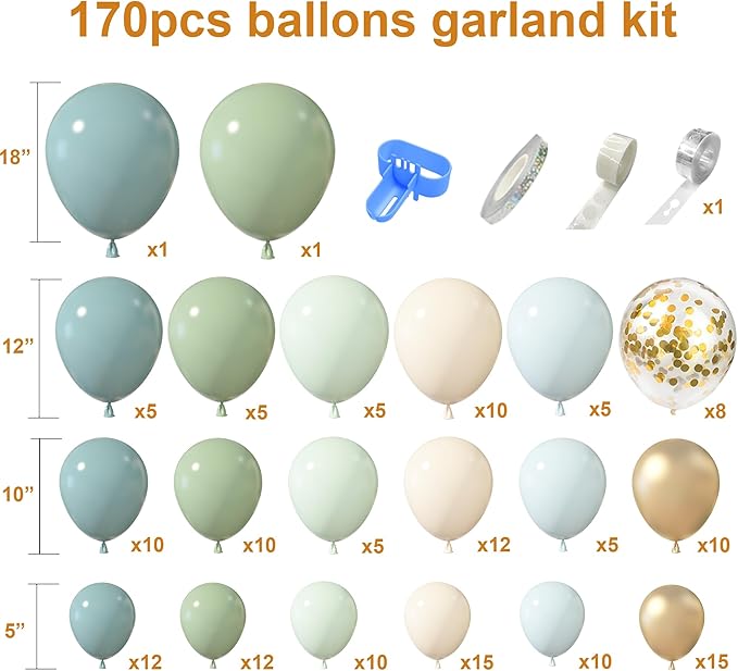 Amandir 173Pcs Dusty Blue Green Balloon Garland Arch Kit, Haze Fog Blue Ash Mist Sage Green Sand White Gold Confetti Balloons for Baby Shower Wedding Bridal Boho Birthday Party Backdrop Decorations