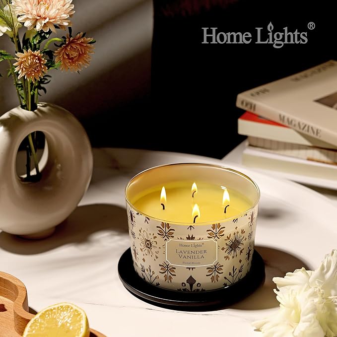 HomeLights Large jar Candle | 4-Wick Long-Lasting Scented Candles, 18oz Natural Soy Wax Candle for Home Scented, Bohemian Natural Textures Gifts for Women & Men, Lavender Vanilla