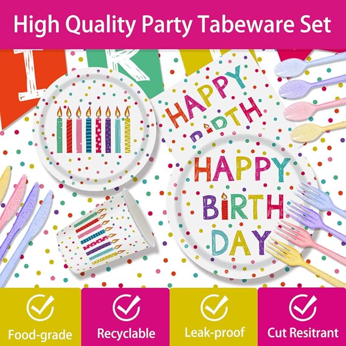 142pcs Happy Birthday Party Supplies Set with Colorful Polka Dots Design- Includes Disposable Paper Birthday Plates and Napkins, Cups, Tablecloth, and Banner，Dots Party Supplies Serves 20 Guests