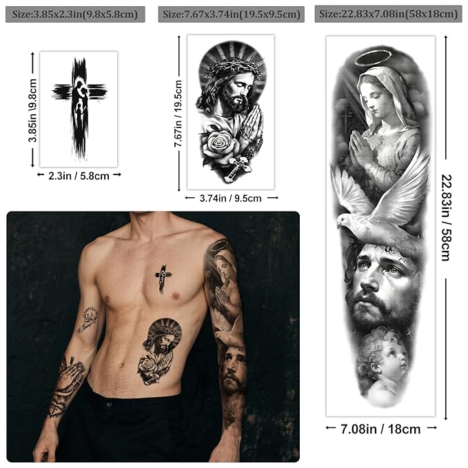 Yazhiji 48 Sheets Christian Full Arm Temporary Tattoos For Adult, Religious Jesus Christ Cross Angel God Half Arm Fake Tattoos, Christ Catholic Realistic Tiny Body Temporary Tattoos for Men Women Kids