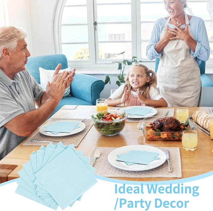 100 Pack Cocktail Napkins Disposable, 2-Ply 5" x 5" Party Napkins, Square Beverage Dinner Napkin for Wedding Birthday Party Anniversary Reception Bar Event (Light Blue)