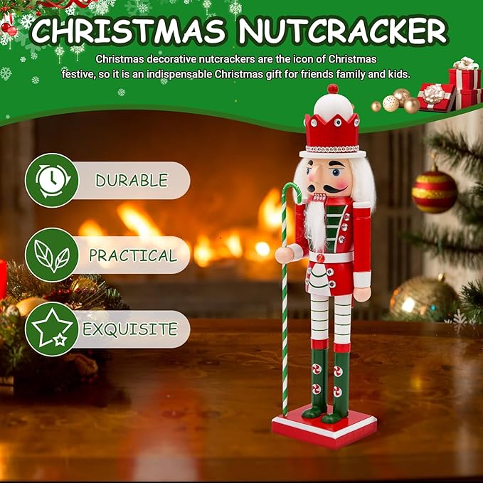 14" Wooden Candycane Nutcracker, Festive Christmas Decoration, Handcrafted Candycane Themed Nutcracker Collectible Christmas Decor for Tabletop, Shelves, and Fireplace Mantel(Candycane)