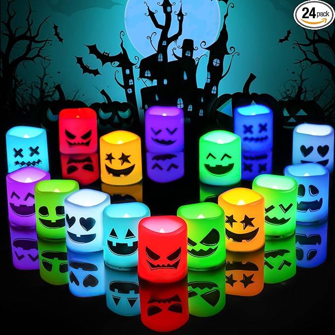 Homemory 24Pack Color Changing Halloween Flameless Candles, 200+ Hours LED Votive Candles, Battery Operated Tea Lights for Pumpkin, Party, Christmas Decor (Batteries Included)