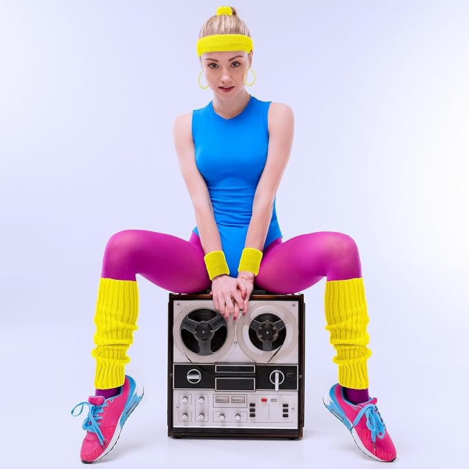 Haysandy 80s Costume Accessories for Women, Neon Leg Warmers Headband Wristbands Earrings Hair Rings for Cosplay (Yellow)