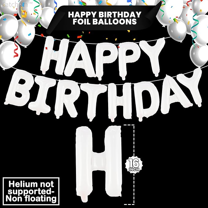 KatchOn, White Happy Birthday Balloons Banner - 16 Inch | Foil Balloon Banner for Happy Birthday Decorations | Balloon Letters Sign For White Birthday Party decor
