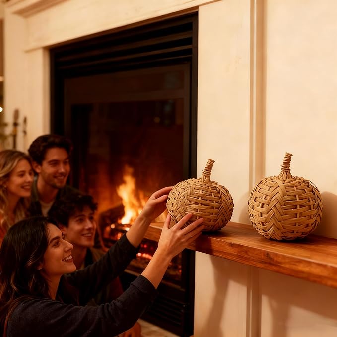 2Pcs of 5 Inch Bamboo-Woven Autumn Harvest Big Pumpkin Decor is Suitable for Thanksgiving & Halloween Fall Decorations. These Pumpkins are Perfect as Decorative Pumpkins for Table Decor
