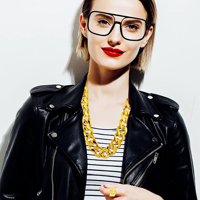 5 Pack 80s 90s Hip Hip Costume Outfit Kit Bucket Hat Fake Gold Chain Sunglasses Dollar Sign Finger Ring Earring Hoop for Men Women Punk Rapper Jewelry Accessories