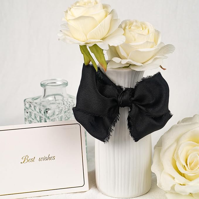 Satin Silk Ribbon, Black Ribbon for Wrapping, 1-1/2 inch x 15 Yd Handmade Frayed Fringe Ribbon, for Wedding Engagement Birthday Showers Crafts Flower Bouquet Invitation Decor, 3 Rolls