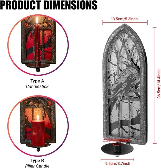 Gothic Wall Candle Sconces Set of 2, Wrought Iron Crow Wall Mounted Candelabra Holder with Removable Trays for Taper & Pillar Candles, Medieval Cathedral Window Design, Dark Academia Decor