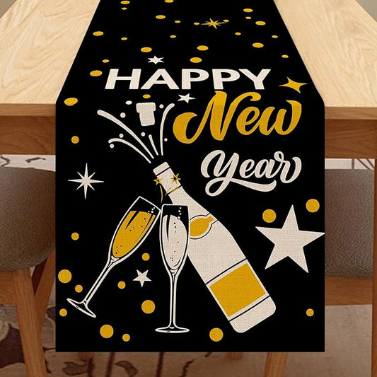 Seliem Happy New Year 2026 Table Runner, Black Gold Champagne Home Kitchen Polka Dots Stars Celebration Decor, Christmas Winter Holiday Burlap Dining Decorations Party Supply 13 X 90