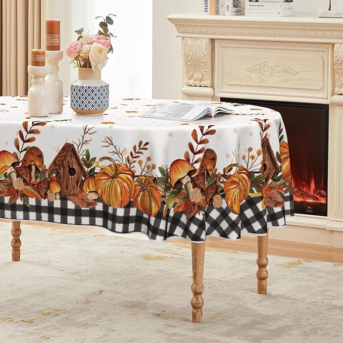 Horaldaily Fall Tablecloth 60×84 Inch Oval, Thanksgiving Autumn Harvest Pumpkin Mushroom Black Buffalo Plaid Table Cover for Party Picnic Dinner Decor