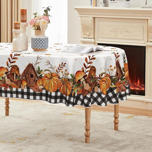 Horaldaily Fall Tablecloth 60×84 Inch Oval, Thanksgiving Autumn Harvest Pumpkin Mushroom Black Buffalo Plaid Table Cover for Party Picnic Dinner Decor