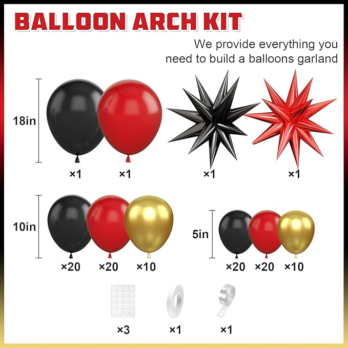 Red Black Balloon Arch Kit,Balloon Garland with Black Red Star Foil Balloons Metallic Gold Balloons for Birthday Baby Shower Wedding Engagement Anniversary Party Decorations