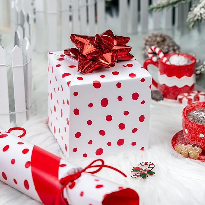 Burymento Red Lrregular Wave Point Wrapping Paper, Reversible Gold Gift Wrap for Birthday, Valentines, Mothers day, Graduation, Wedding, Fathers day, Baby Shower, Christmas (17in x 16.4ft)