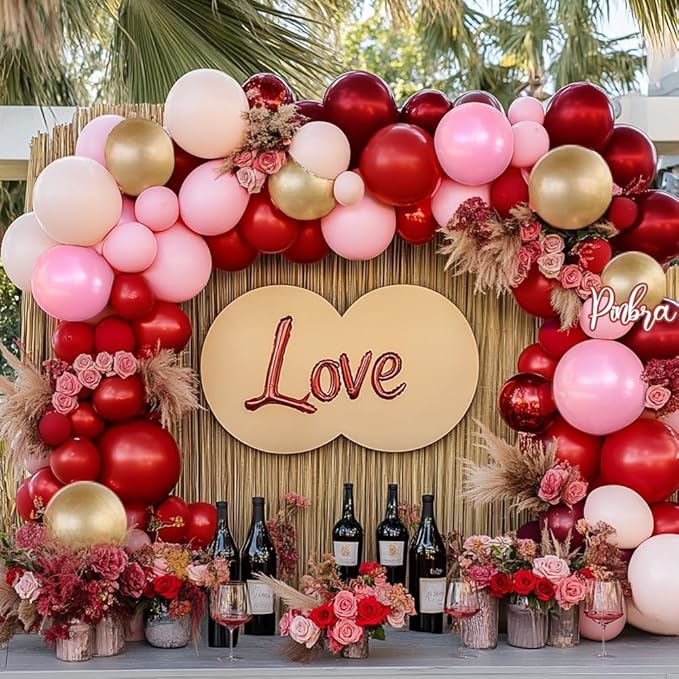 Red Pink Balloon Garland Double Stuffed Pink Rose Red Blush Nude Balloon Arch Pearl Burgundy Gold Latex for Birthday Bridal Shower Wedding Engagement Party Decorations