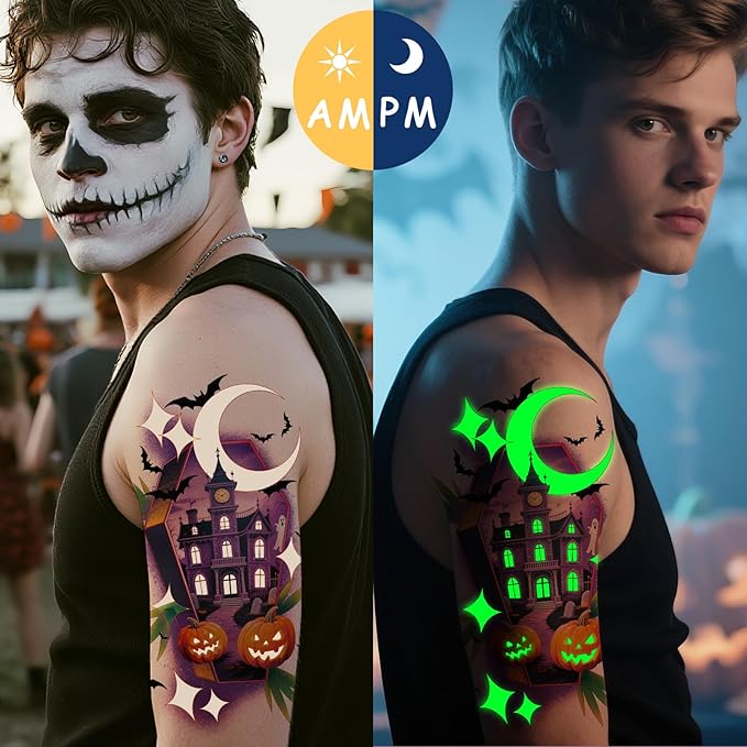 Halloween Glow Temporary Tattoos for Kids Adults, Glow In the Dark Tattoos, Pumpkin, Skull, Bat, Ghost, Witch, Crow, Cat, Horror House Half Arm Halloween Fake Tattoos Decorations