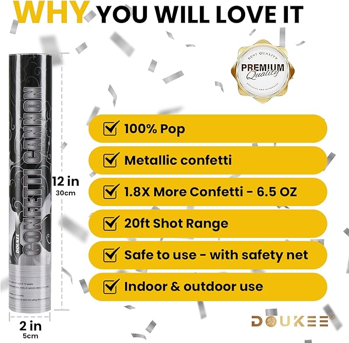 Wedding Confetti Poppers Silver, DOUKEE 2Pack Shiny Silver Mylar Confetti Poppers Cannon Party Shooter for Graduation, New Years Eve, Birthday Party Supplies -12 Inch