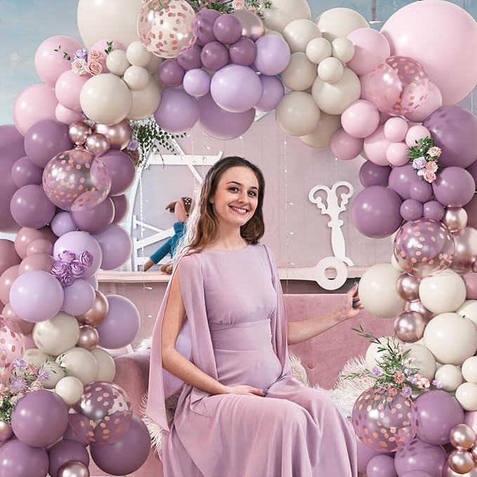 Amandir 173Pcs Dusty Purple Balloon Arch Garland Kit, Double-stuffed Pink White Sand Lavender Lilac Light Purple Rose Gold Confetti Balloons for Baby Bridal Shower Wedding Birthday Party Decorations
