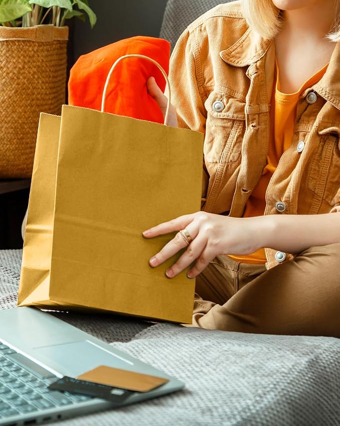 qiqee Mustard Yellow Gift Bag with Handles Bulk 24Pcs Paper Bags -10.6"x8.3"x4.3"Party Favor Bags - Solid Color