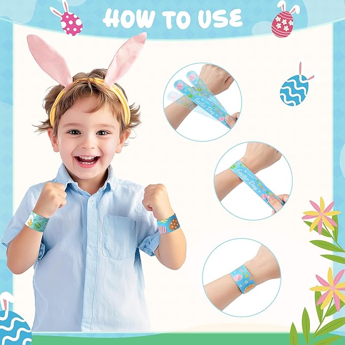 Childom 36 Pcs Easter Slap Bracelet,Easter Bunny Decorations Gifts Bracelet Decorations,Bracelets Present for Holiday Goodie Bag Stuffers,Bracelets Bulk for Birthday School Classroom Prizes Outdoor