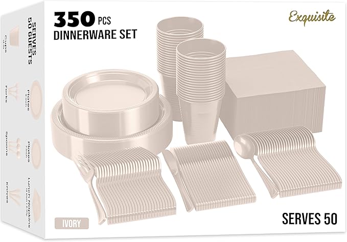 Party Solids 350 Pieces Ivory Plastic Plates For Party, Ivory Disposable Plates Set, 50 Of Each 9" Dinner Plate Set, 7" Dessert Plate, Cups, Napkins & Cutlery Plastic Dinnerware