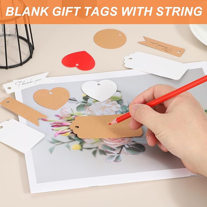 PATIKIL 100 Pcs Blank Gift Tags with String, 2.8x0.8 Inch Kraft Paper Tags Gift Bags Tags Mini Thank You Label with Holes for Wedding Holiday Party Favor Clothes Craft, White