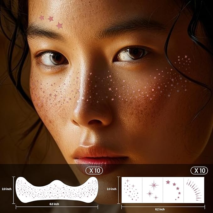 20 Pcs Rose Gold Makeup Patches, Glitter Freckles Face Tattoo, Easy Application and Remove Sparkle Makeup Patches, Waterproof Face Glitter Temporary Tattoos for Women