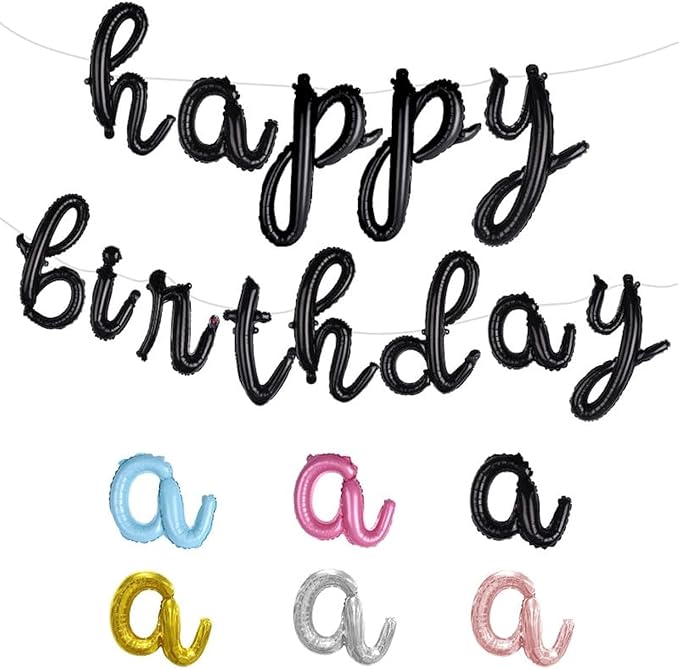 BALLOON VIBE Happy Birthday Balloon Banner - Black 16 Inch Cursive Mylar Foil Letters Happy Birthday Banner for Decor - Balloons Letters Sign with 4 Straws & Ribbon Roll