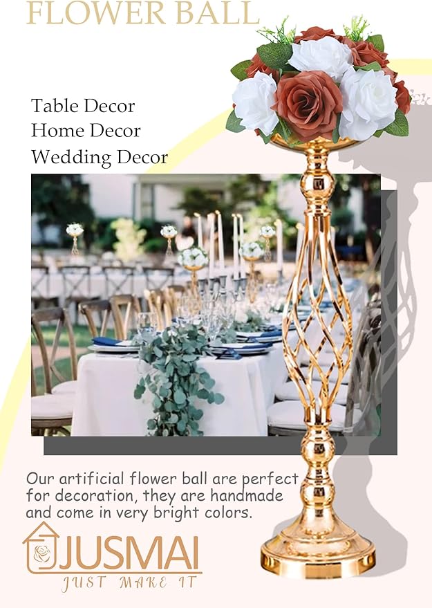 Artificial Flowers Ball 4 Pcs - Burnt Orange White Wedding Centerpiece for Table Decorations and Flower Arrangements