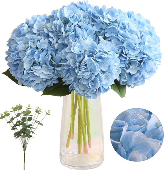 Tifuly 4pcs Fake Hydrangea with Vase - Real Touch Faux Hydrangea Flowers and 3pcs Eucalyptus Stems for Wedding Centerpiece Home Party Table Decoration（Blue）