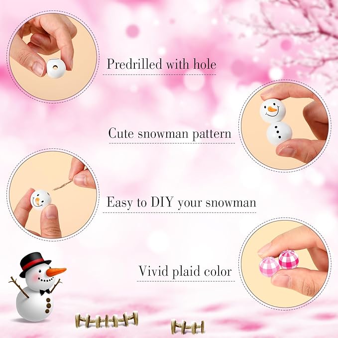 Landical 180 Piece DIY Christmas Snowman Wooden Bead Crafts Christmas DIY Ornaments Buffalo Plaid Wood Round Bead Xmas Print Wooden Beads with Twine Scarf for Crafts(Pink Color)