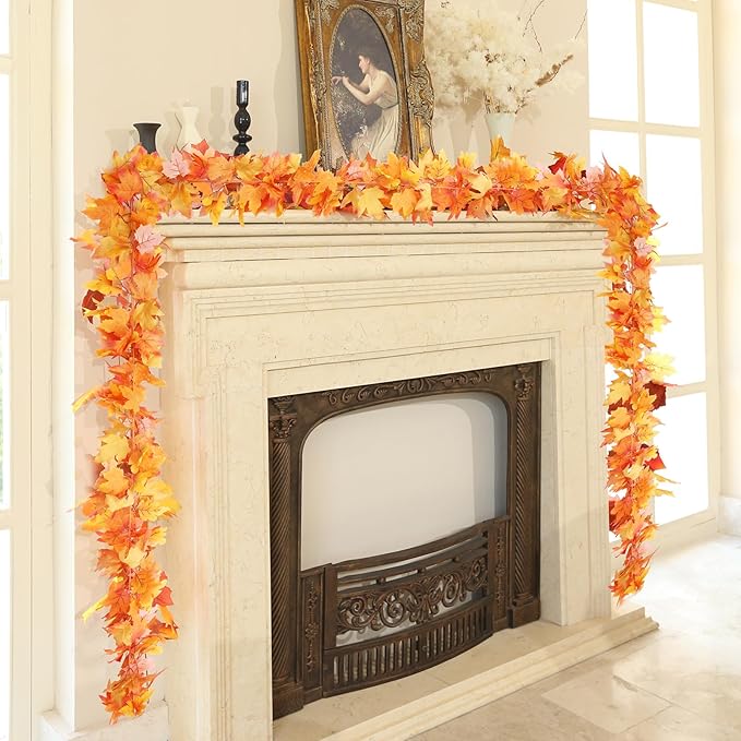 Joyhalo 6 Pack Fall Garland, Autumn Leaves Garland for Mantle Indoor Outdoor Fall Decor,Hanging Maple Leaf Foliage Vines for Fireplace, Front Door, Porch and Thanksgiving Decor
