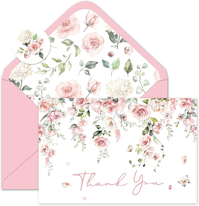 Whaline 50 Pack Pink Flower Thank You Cards Floral Thank You Greeting Note Cards Boxed with Envelope Sticker for Wedding Bridal Shower Birthday Baby Shower